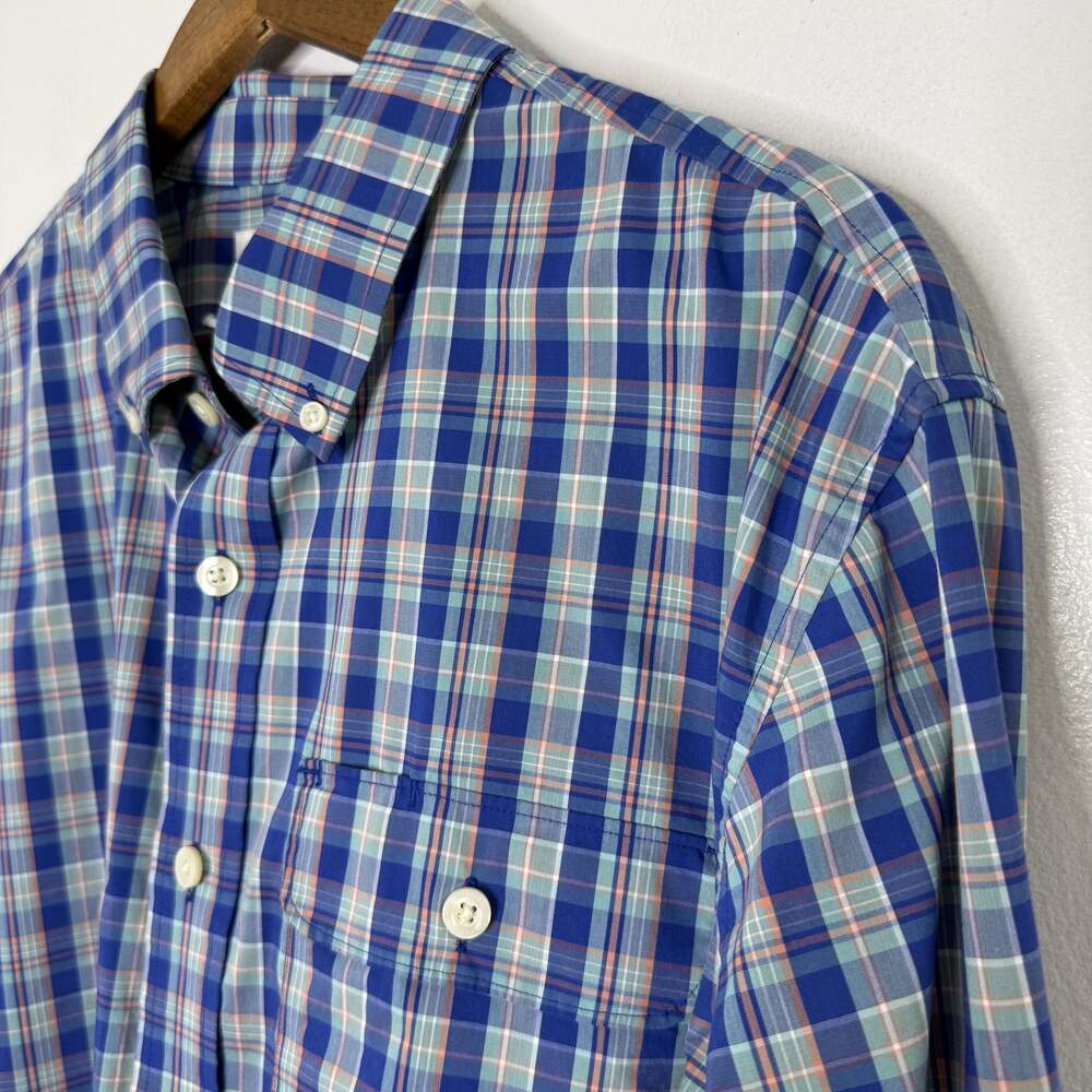 Duluth Trading Blue Plaid Shirt Large Tall Button Down Long Sleeve Stretch Mens